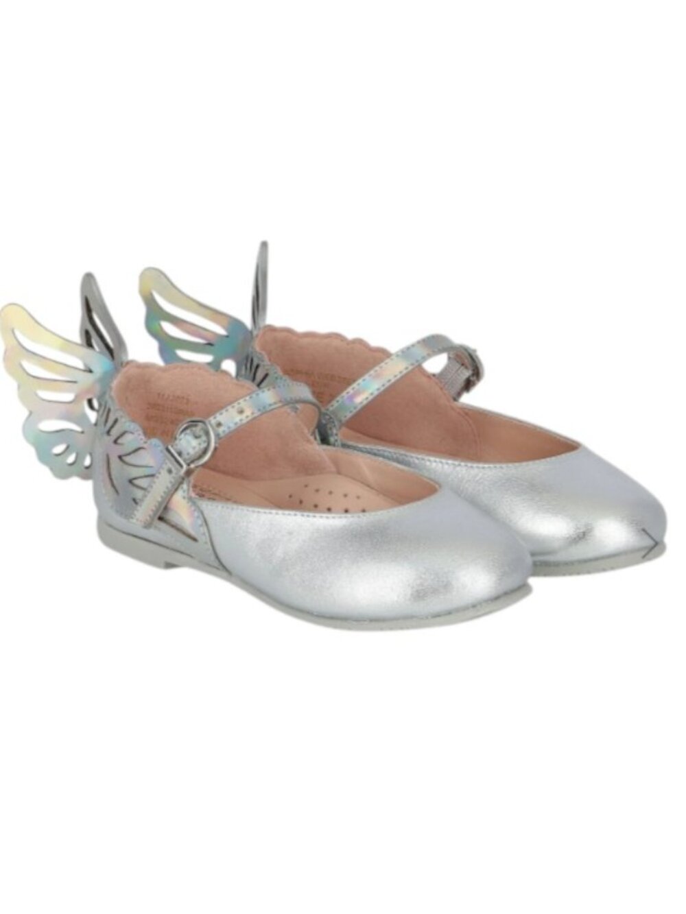 NEW SOPHIA WEBSTER Mini Girls Evangeline Butterfly Flats – Silver – Size 34 / 3Y